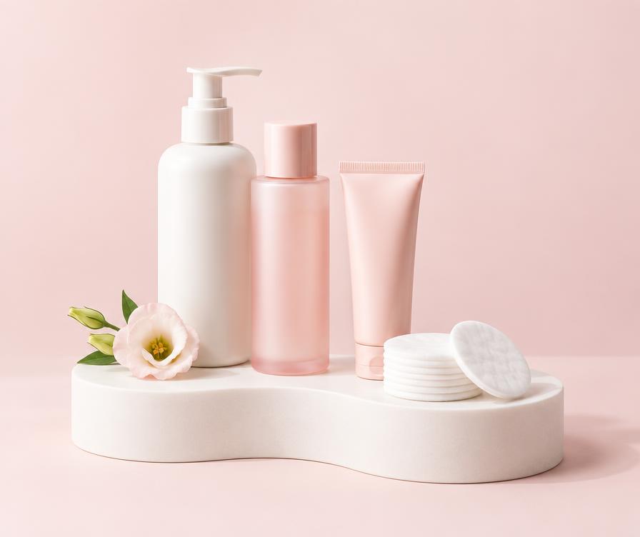Productos ilustrativos de cuidado personal femenino en tonos rosa